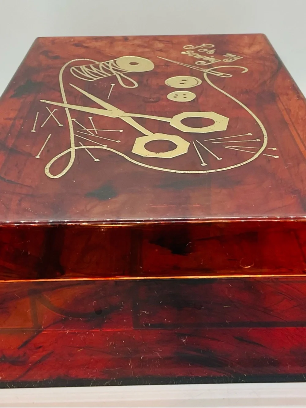 Vintage 1960s Lucite Amber ‘For My Sewing’ Box & Tray Gold Embossed Design.